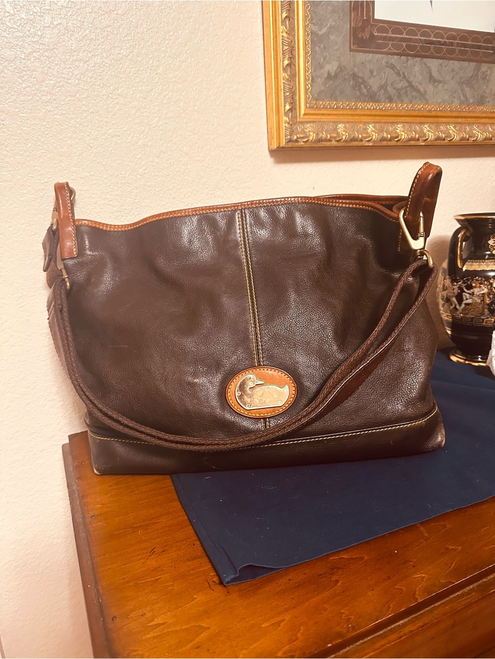 Dooney & Bourke Dark Brown Leather Messenger Bag with Tan Trim